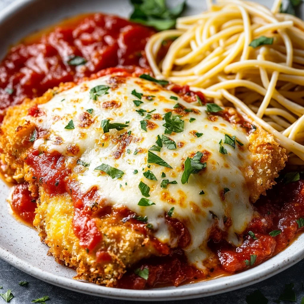 Healthy chicken parmesan dish with fresh ingredients and herbs