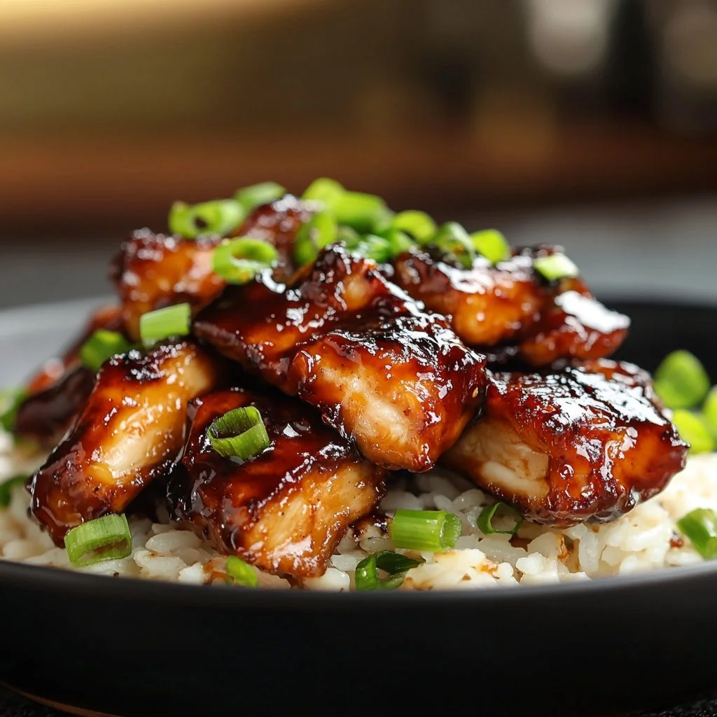 Delicious Honey BBQ Chicken served over fluffy rice with garnish.