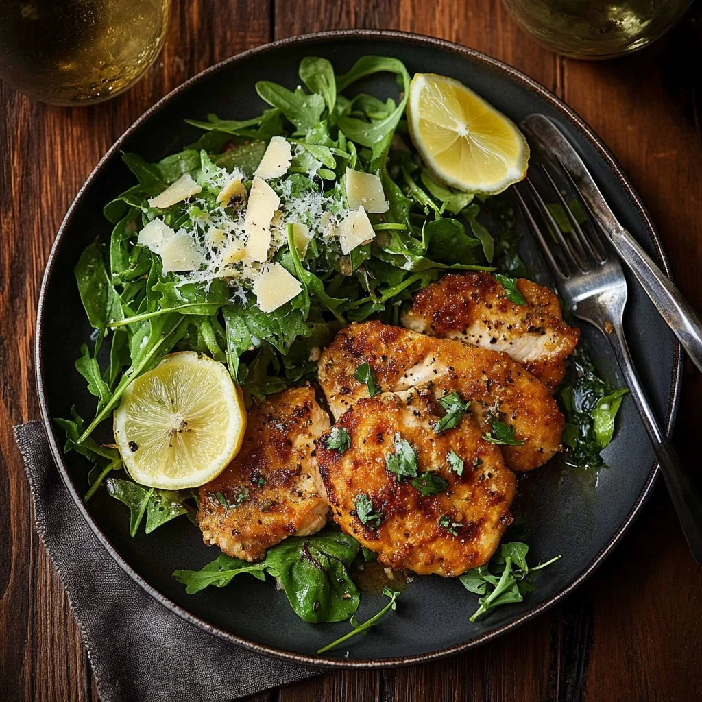 Plate of Ina Garten's Chicken Parmesan garnished with Parmesan cheese and basil.
