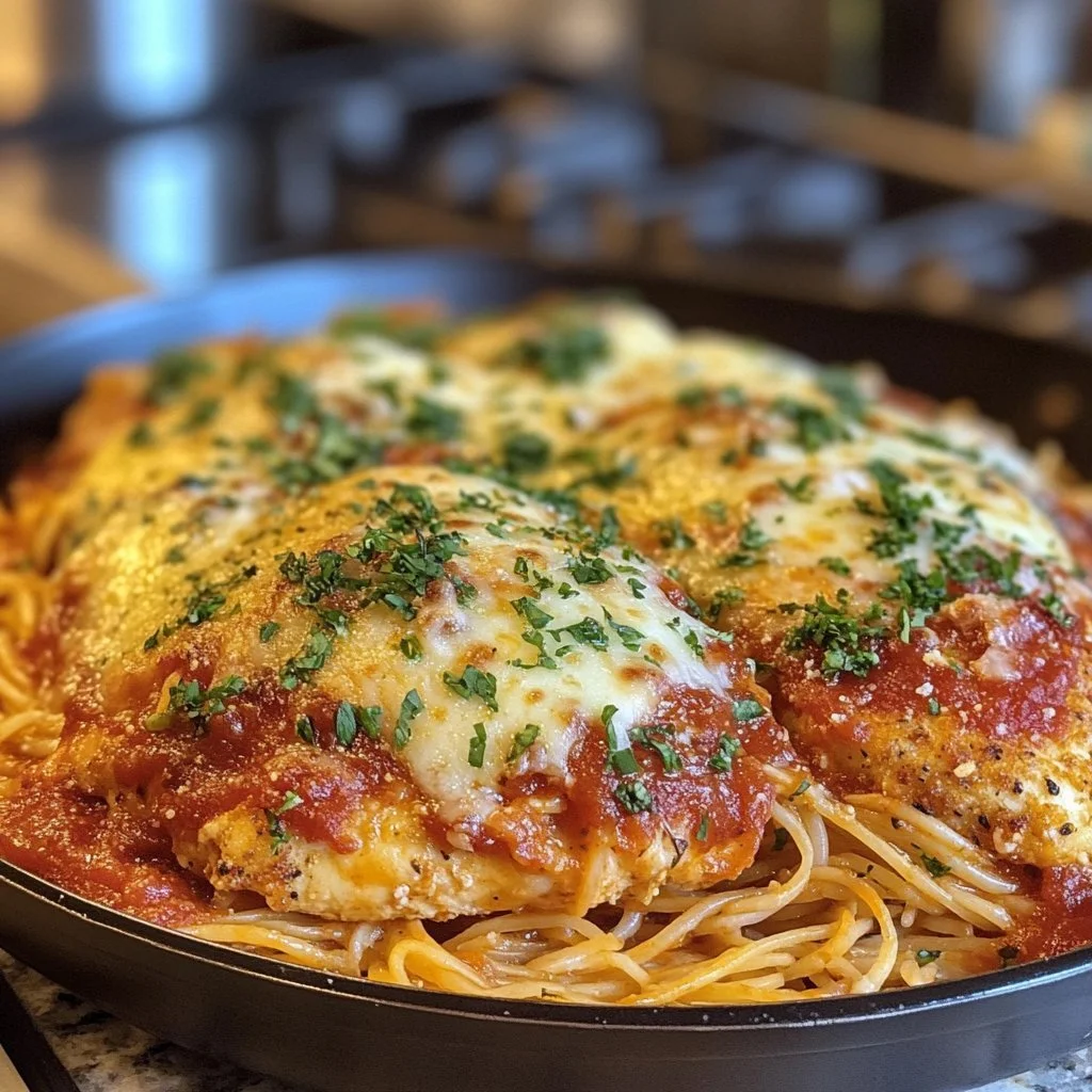 Delicious Chicken Parmesan served with marinara sauce and mozzarella cheese