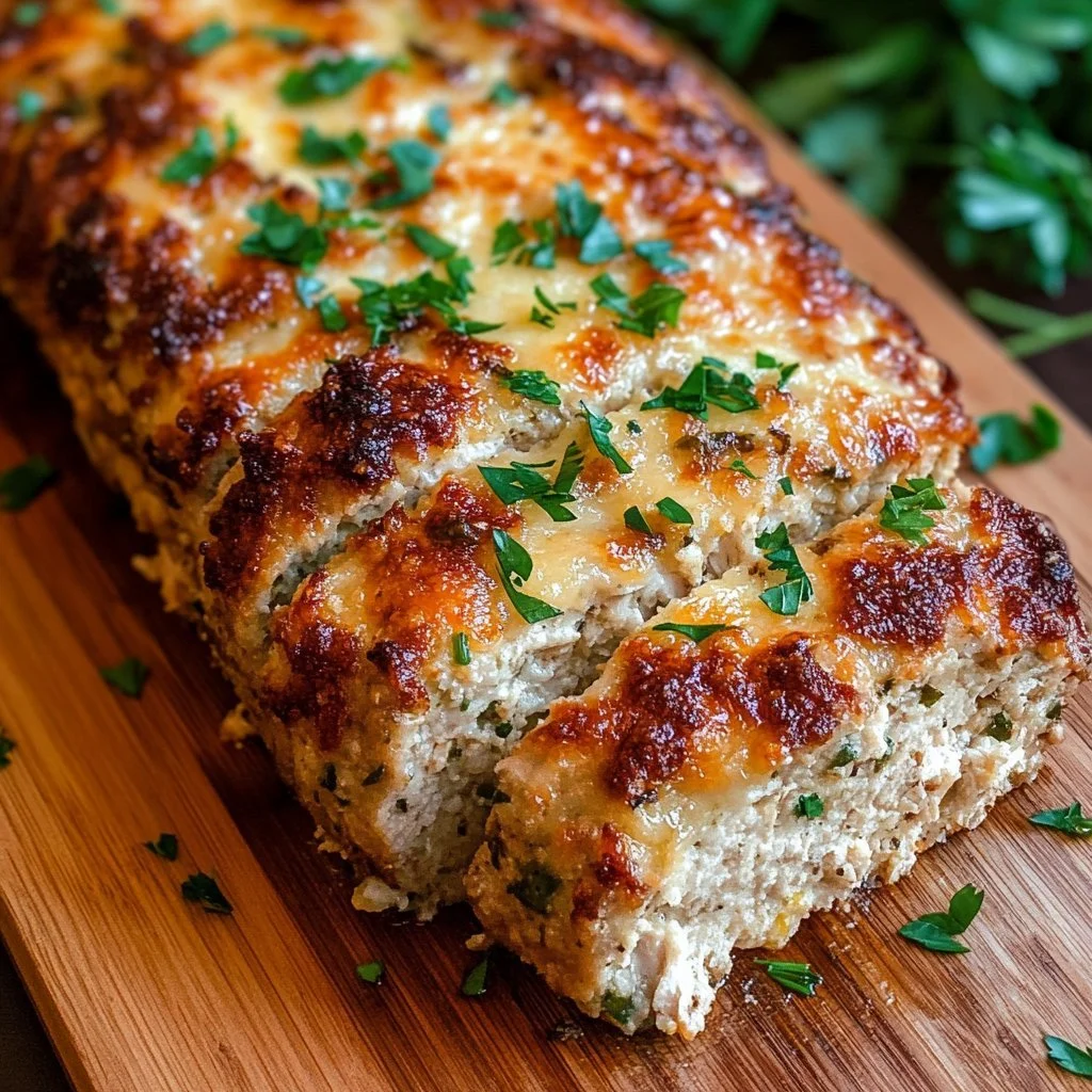 Delicious Italian chicken meatloaf garnished with herbs and served on a plate.