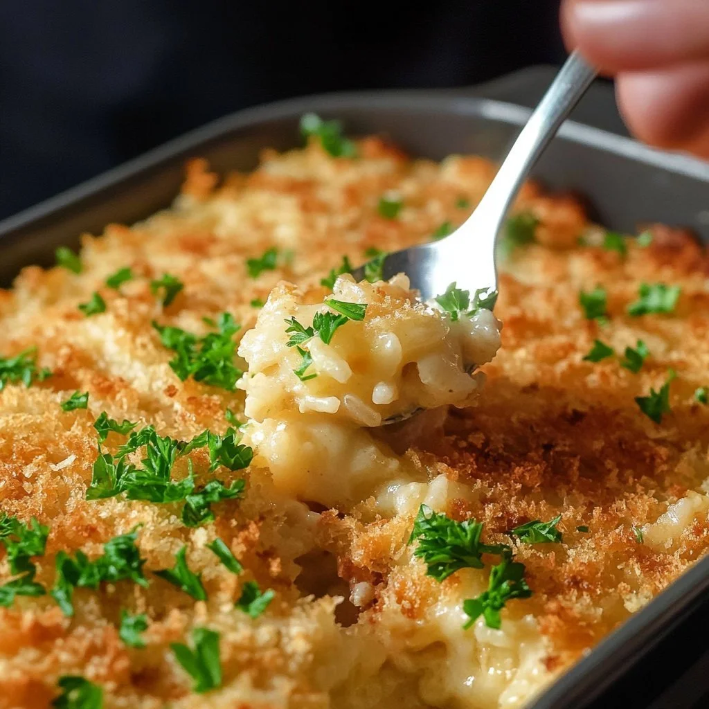 Mamaw's Chicken and Rice Casserole served in a bowl with herbs on top.