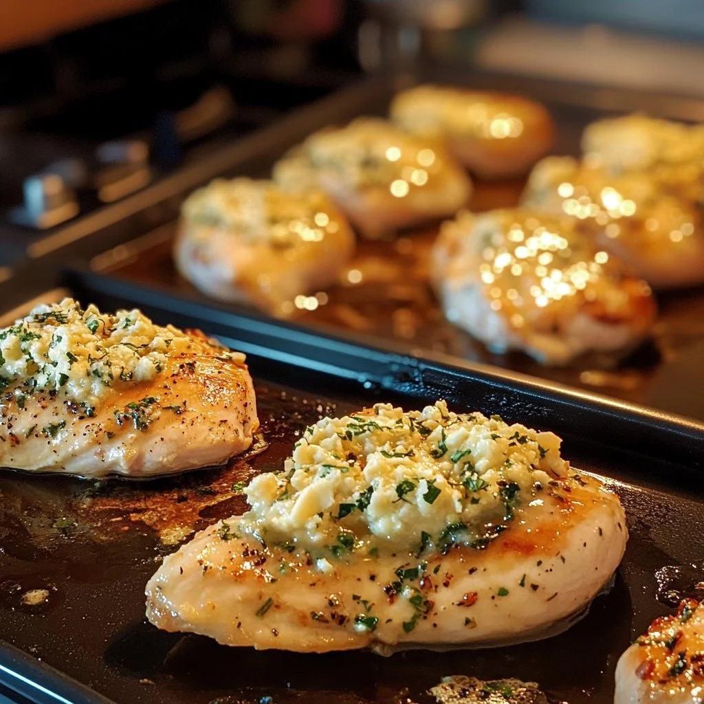 Juicy melt in your mouth chicken breast served on a plate with herbs.