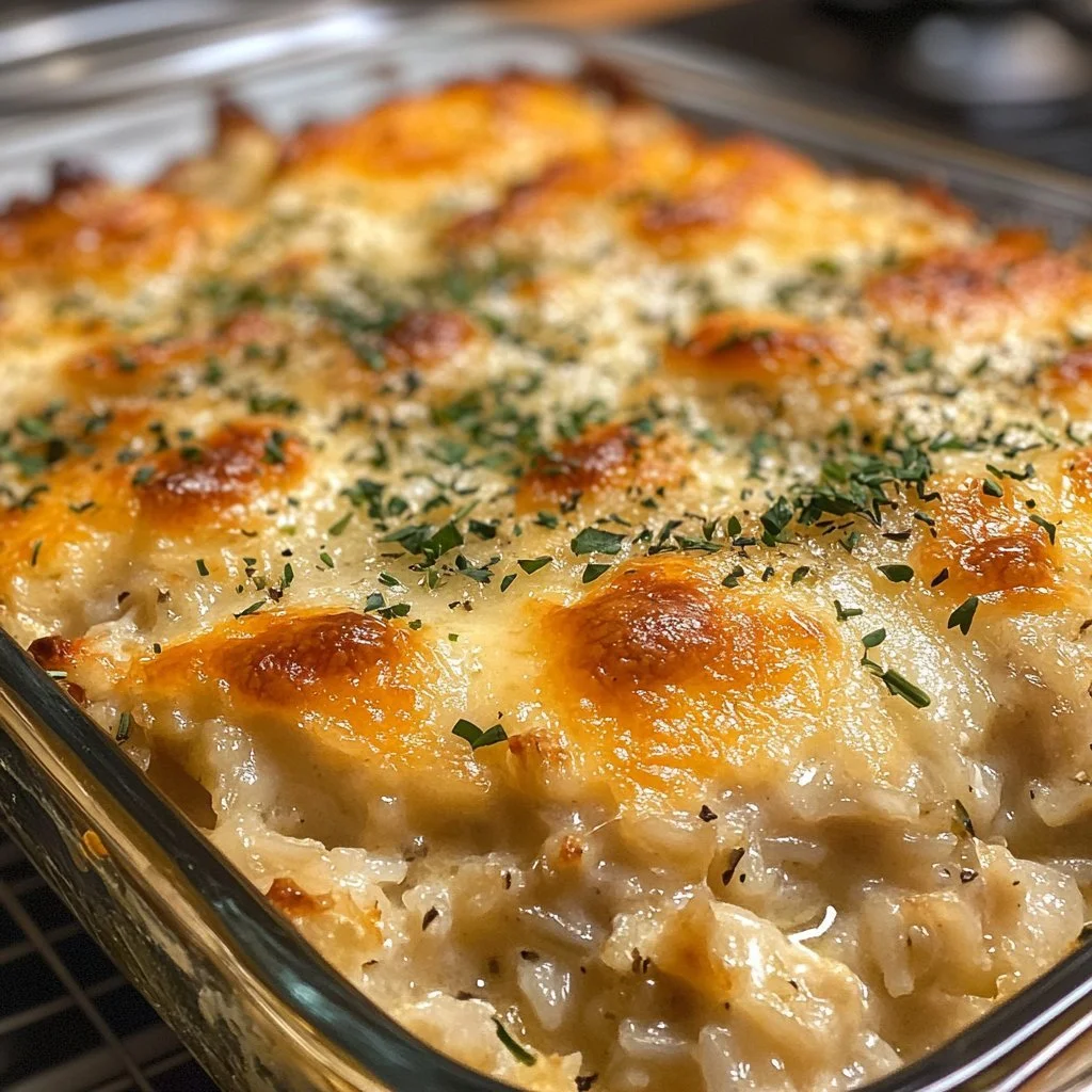 Old school chicken and rice casserole served in a baking dish