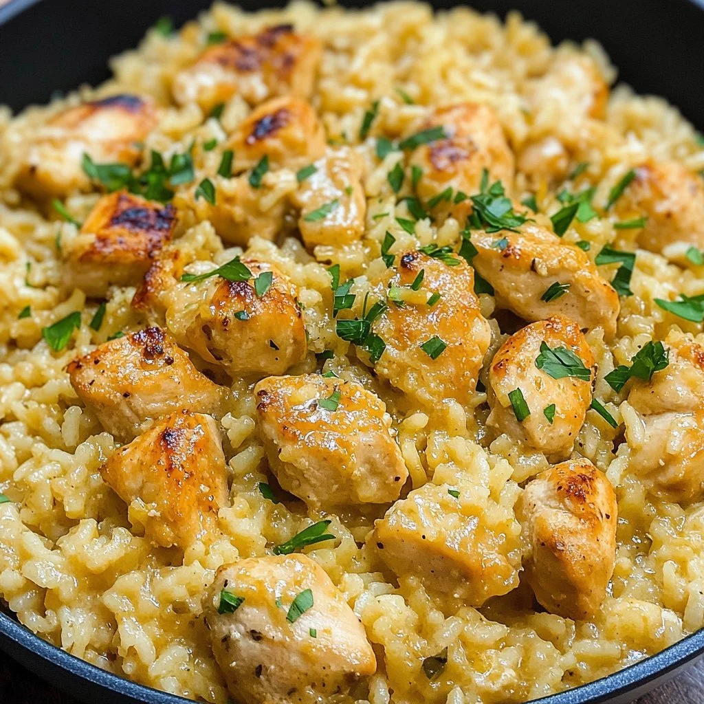 One-Pan Creamy Parmesan Chicken and Rice, a delicious and easy recipe.