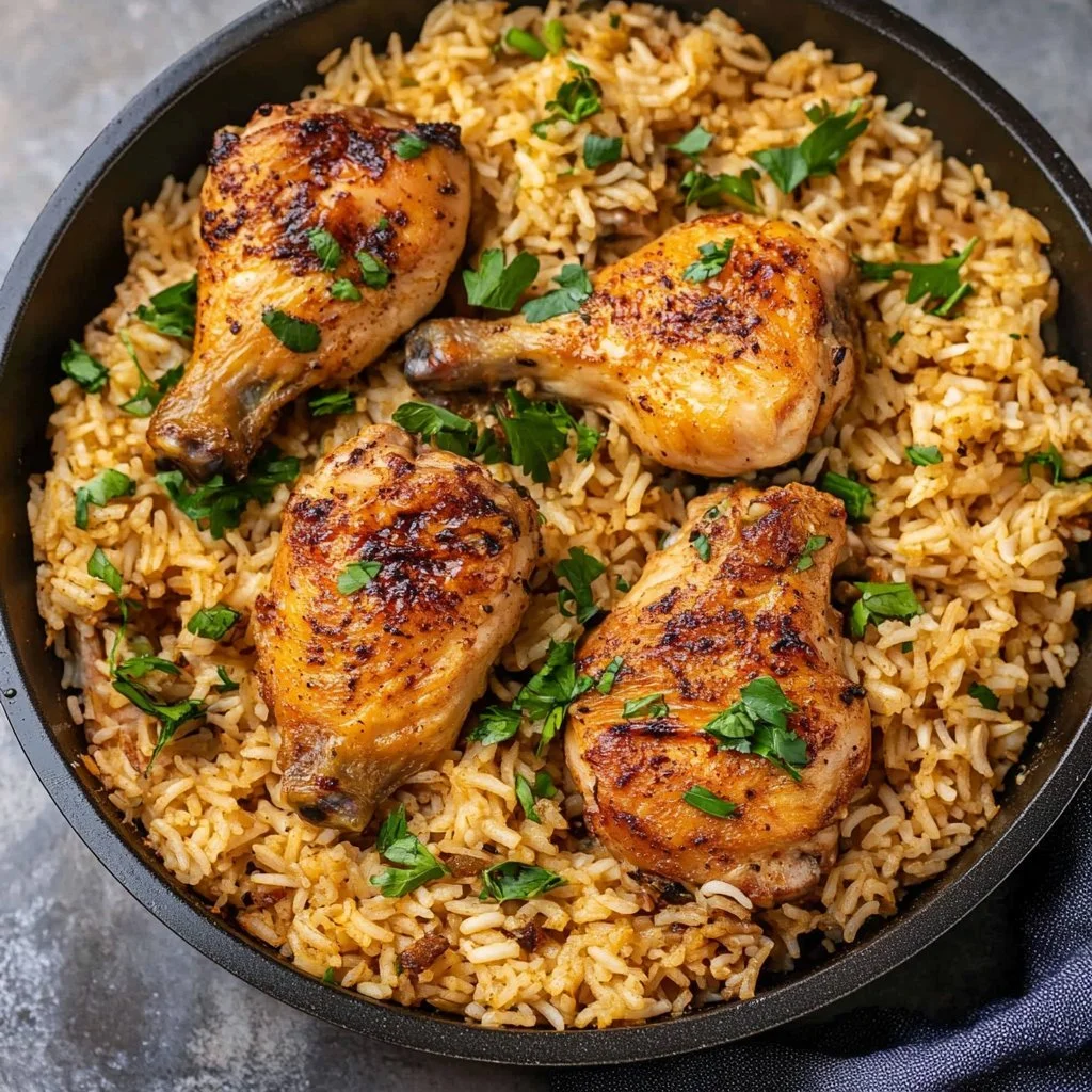 One Pot Chicken and Rice dish ready to serve on a plate