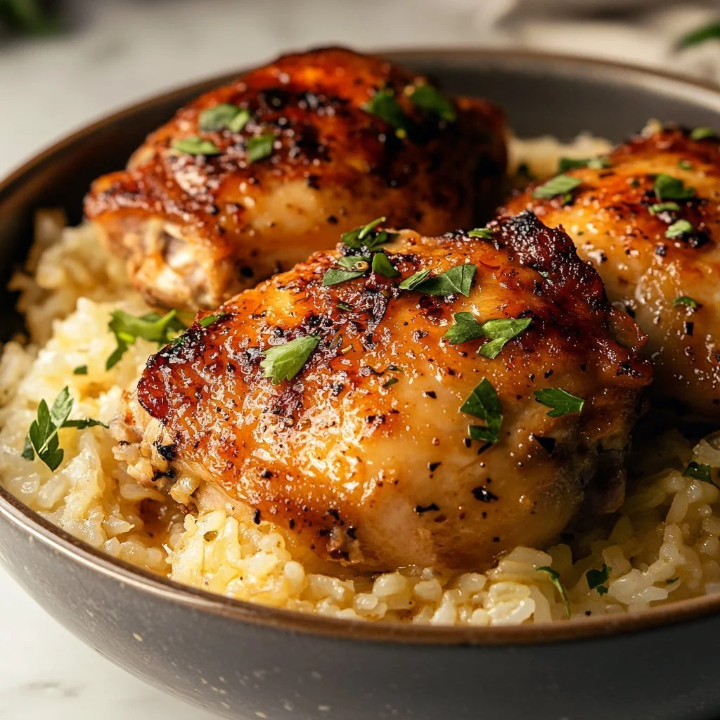 Oven baked chicken served with rice on a plate, garnished with herbs.