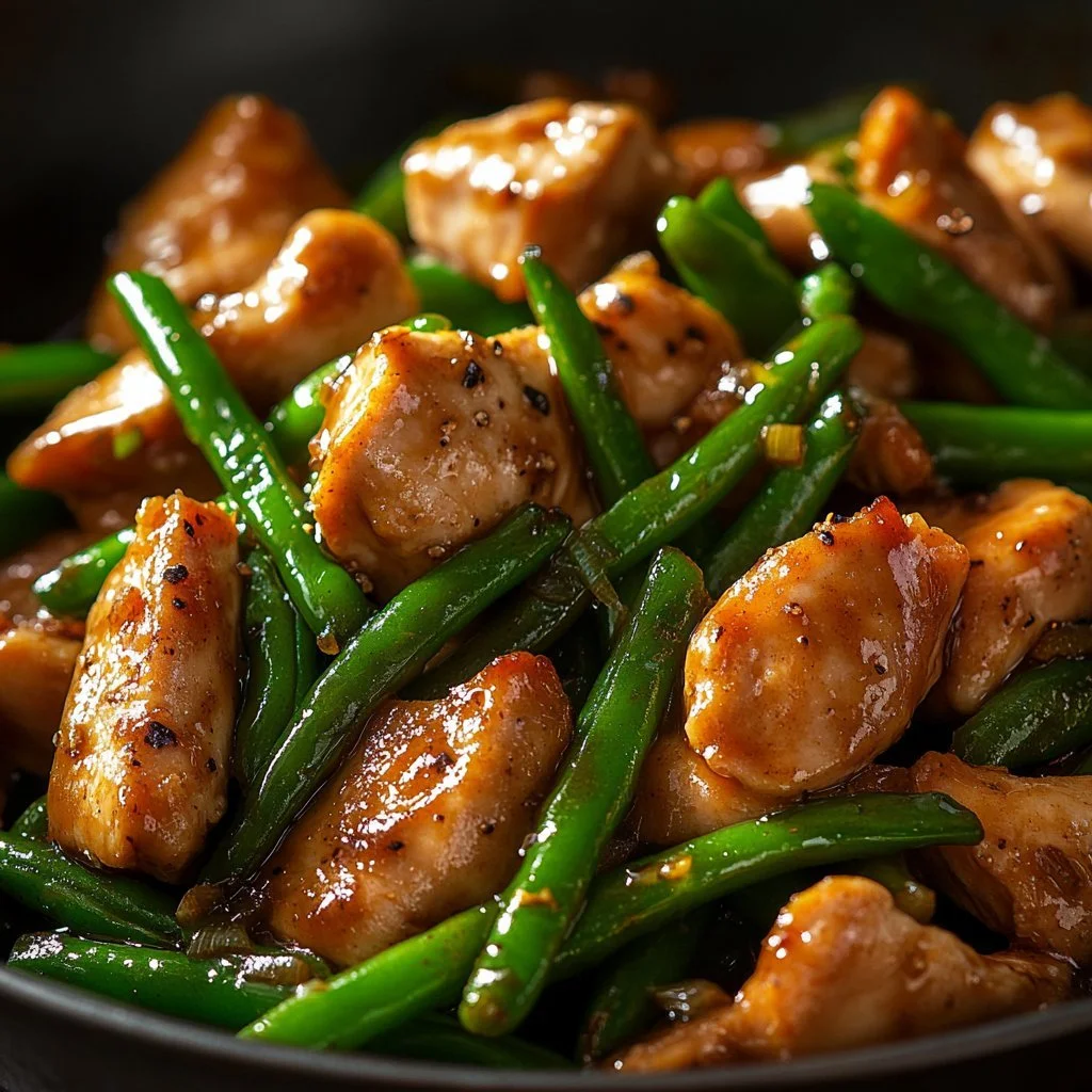 Quick chicken breast served with green beans for a healthy dinner