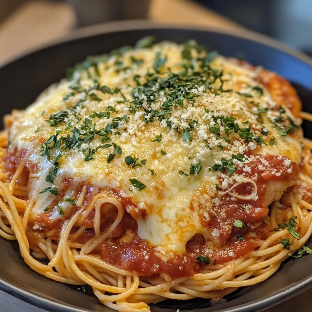 Delicious slow cooker chicken parmesan served with marinara sauce and melted cheese