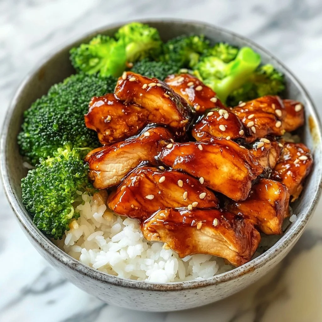 Sticky chicken rice bowl topped with fresh vegetables and a savory sauce