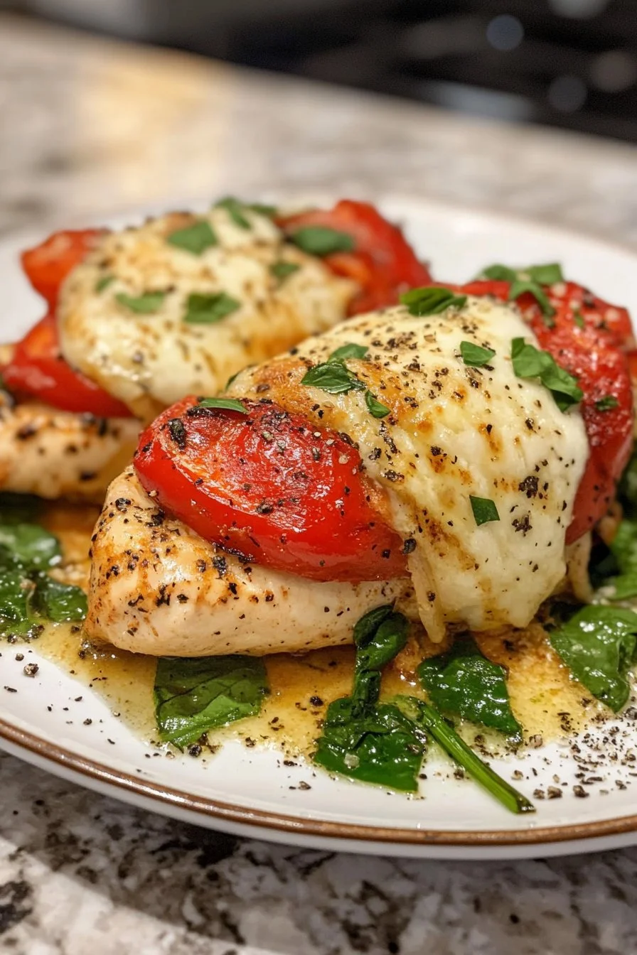 Roasted Red Pepper, Spinach, and Mozzarella Stuffed Chicken