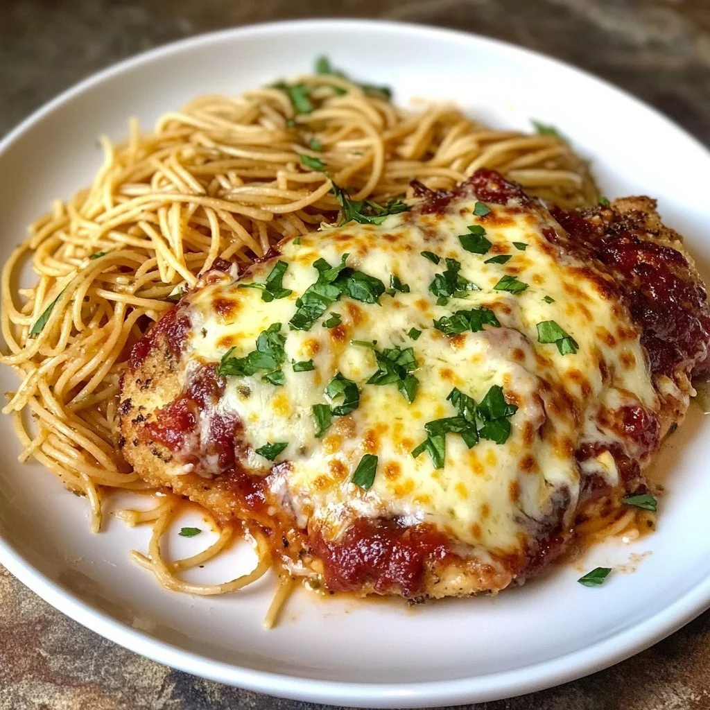 Delicious chicken parmesan topped with marinara sauce and melted cheese