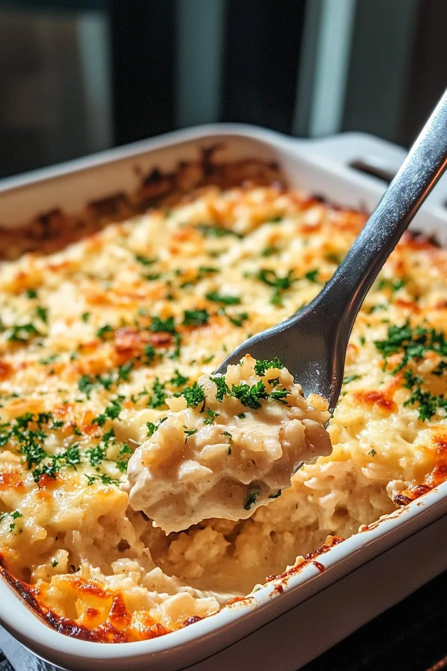 Dump-and-Bake Chicken Alfredo Rice Casserole