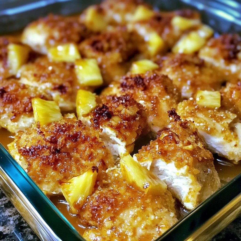 Baked pineapple mustard chicken garnished with herbs on a plate