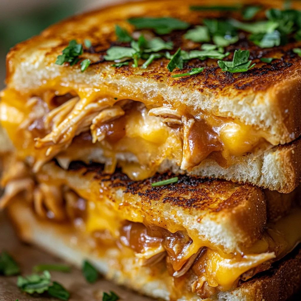 BBQ chicken grilled cheese sandwich with melted cheese and BBQ sauce