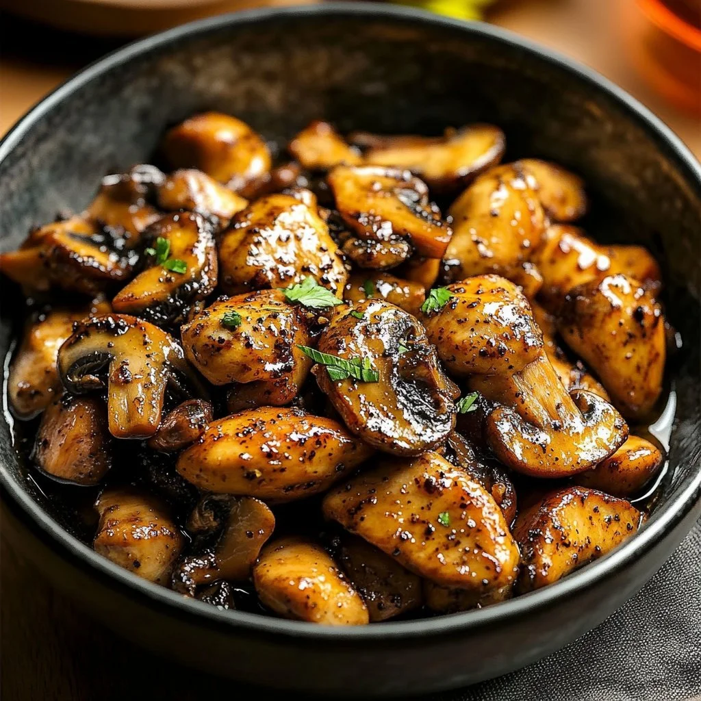 Plate of Black Pepper Chicken with Mushrooms garnished with fresh herbs