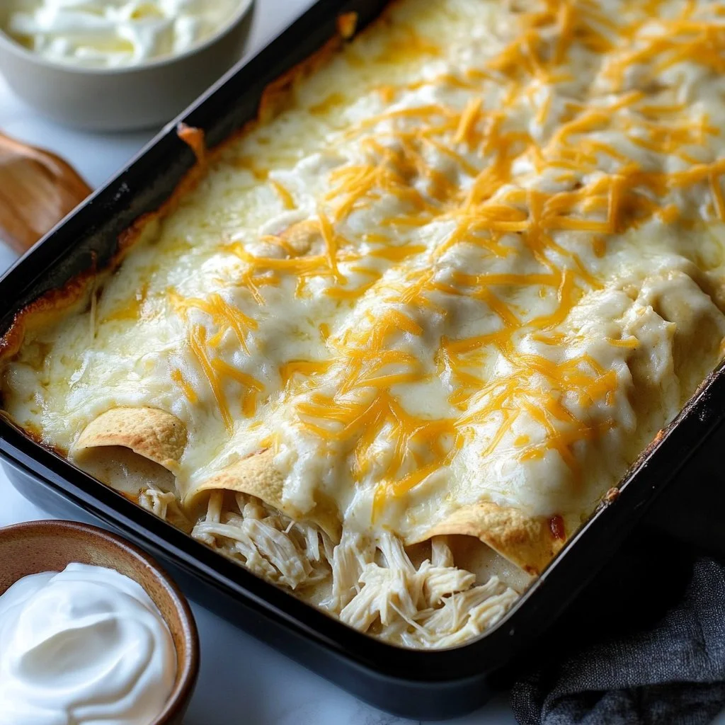 Delicious creamy white chicken enchiladas topped with cheese and cilantro