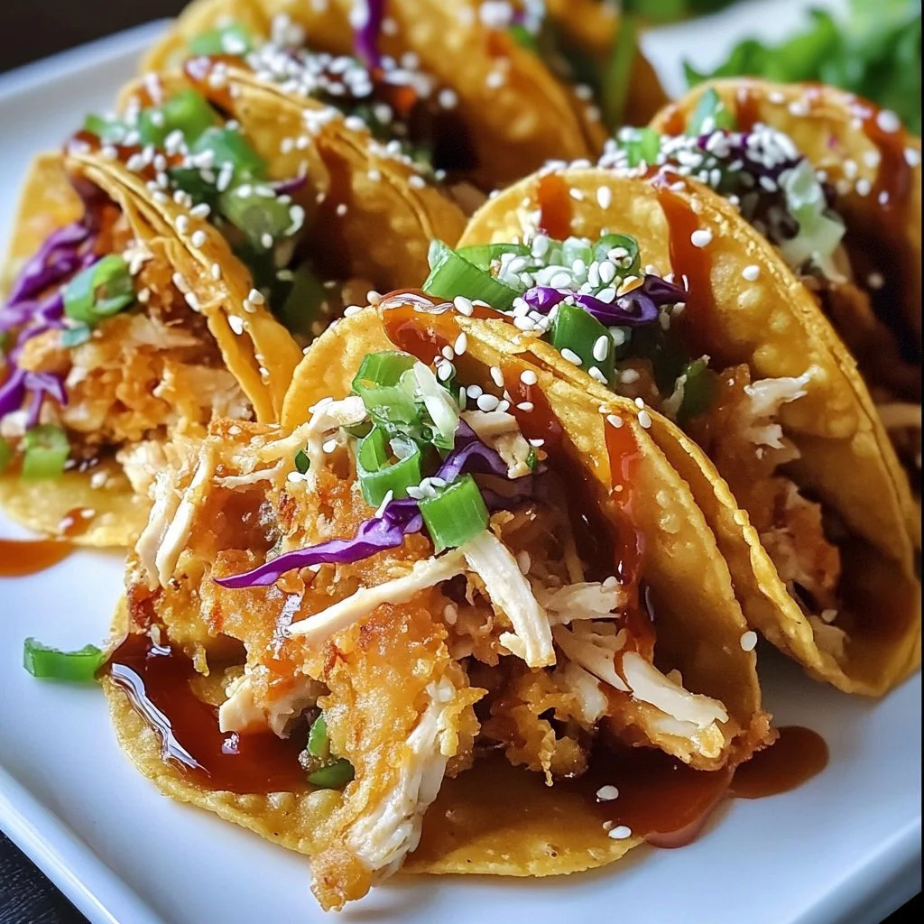 Plate of crispy chicken wonton tacos garnished with fresh vegetables and sauce