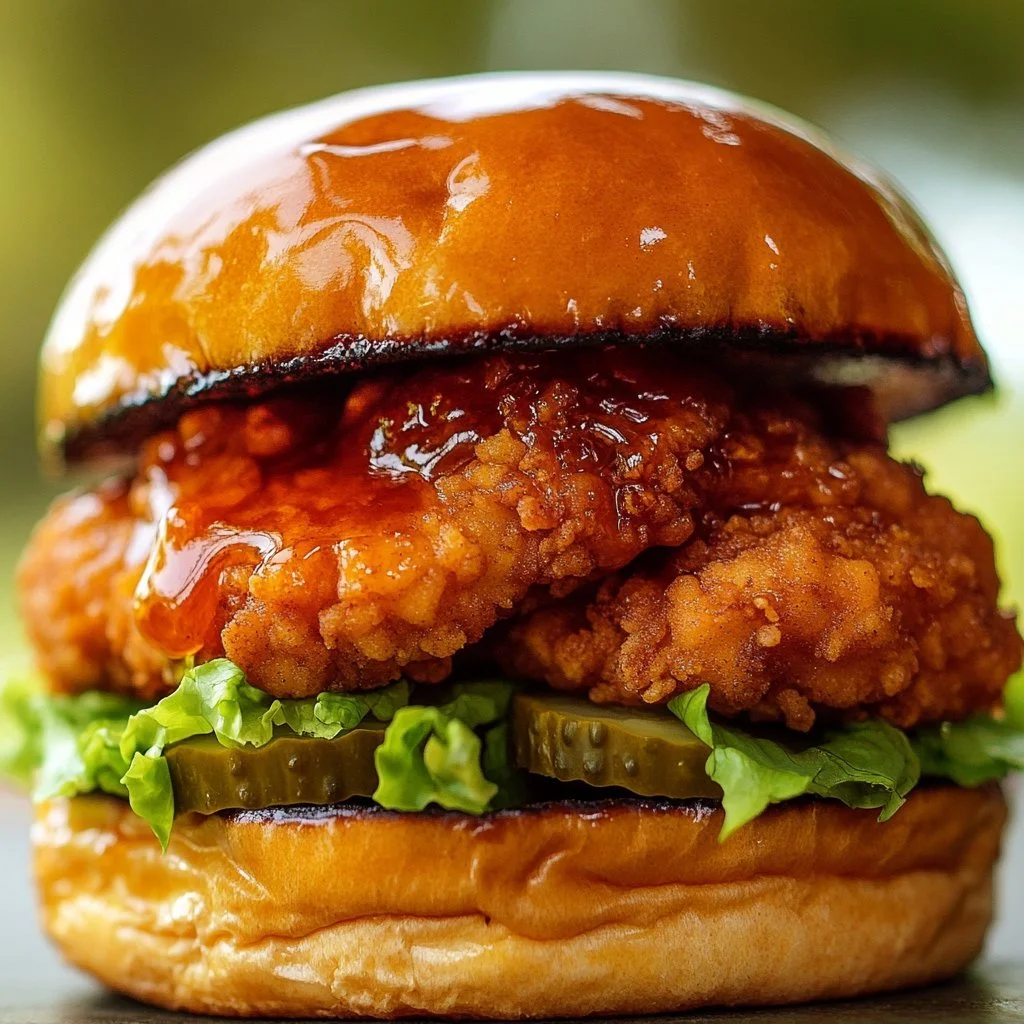 Crispy Hot Honey Chicken Burger with toppings and spicy sauce