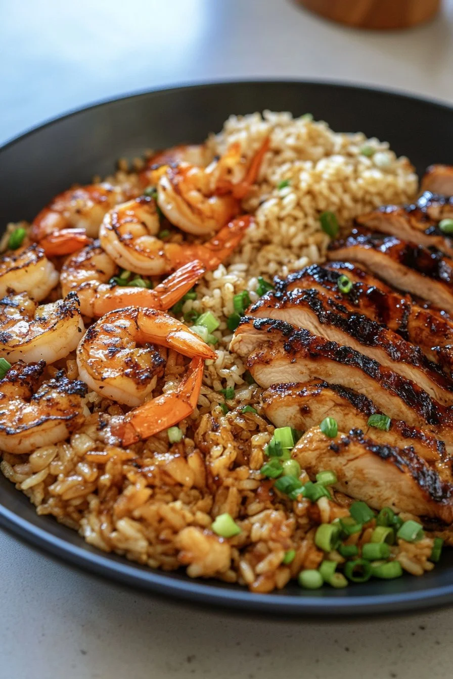 Grilled Chicken and Shrimp with Fried Rice and Teriyaki Sauce