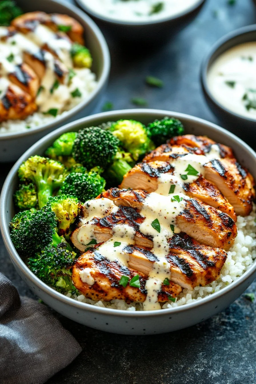 Grilled Chicken & Broccoli Bowls with Creamy Garlic Sauce