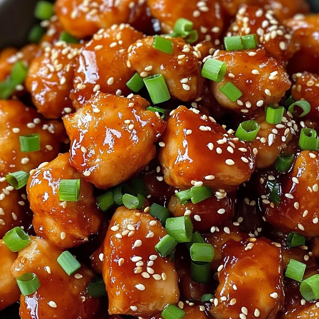A plate of Honey Sesame Chicken with sesame seeds and green onions.