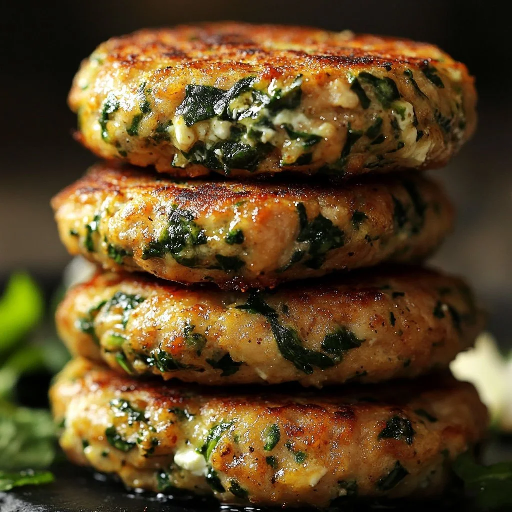 Spinach feta turkey burgers served on a plate with fresh vegetables