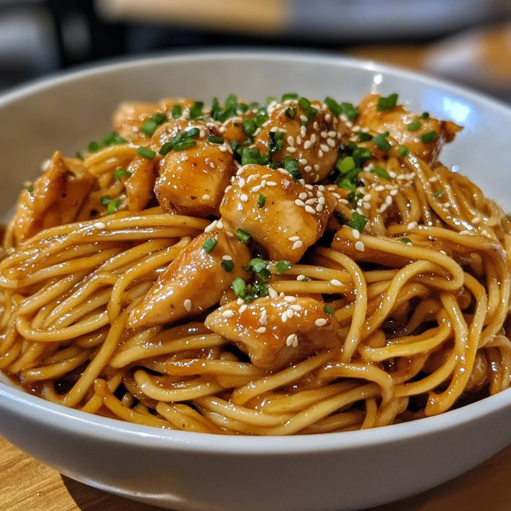 Delicious plate of sticky garlic chicken noodles with herbs and garnishes