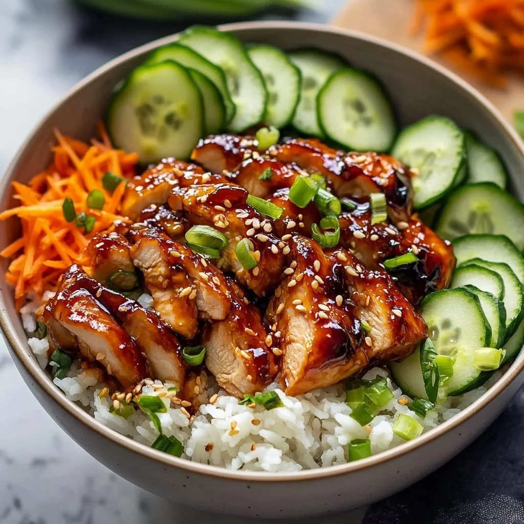 Sweet Chili Chicken Rice Bowl topped with fresh vegetables and sauce