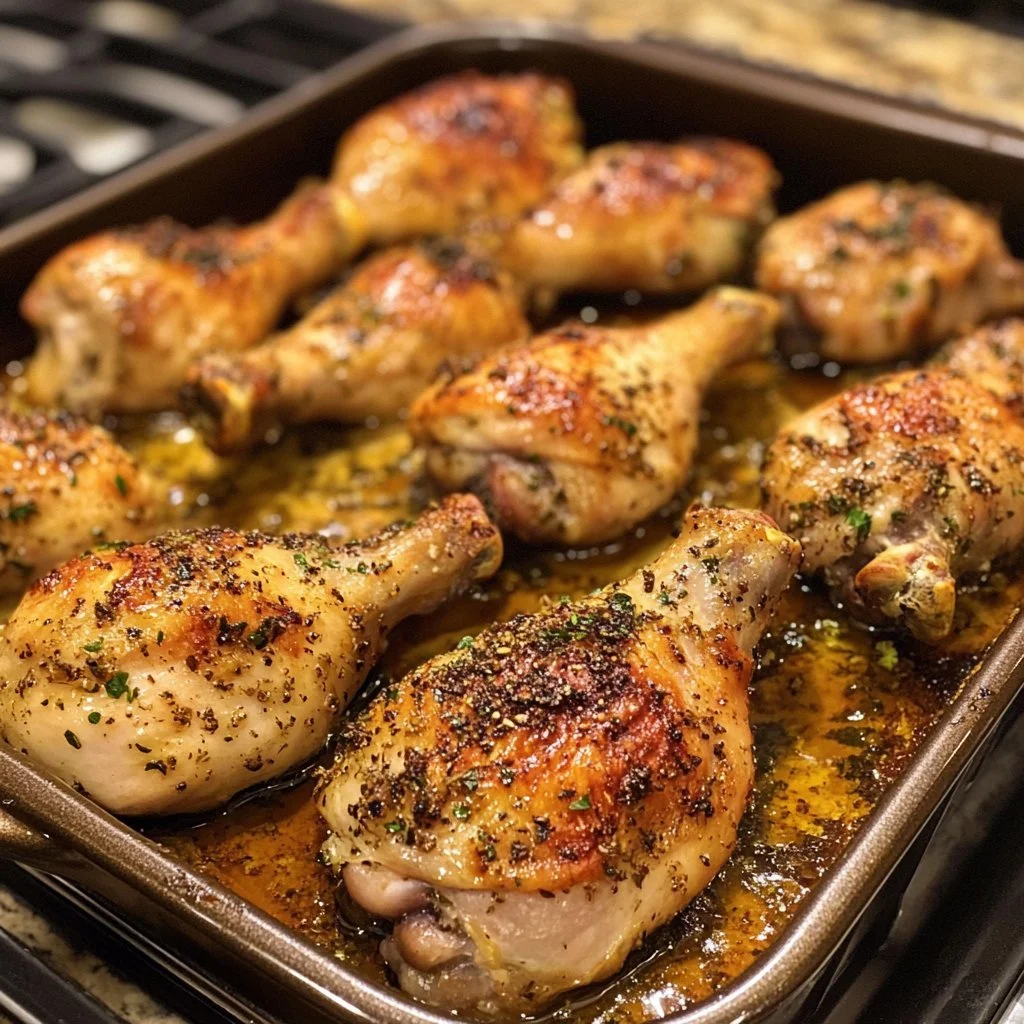 Delicious baked chicken legs served on a plate with herbs and spices