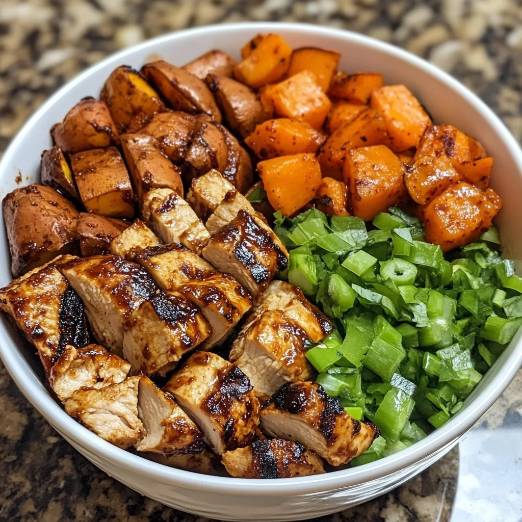 BBQ Chicken Sweet Potato Bowl with vibrant vegetables and savory sauce