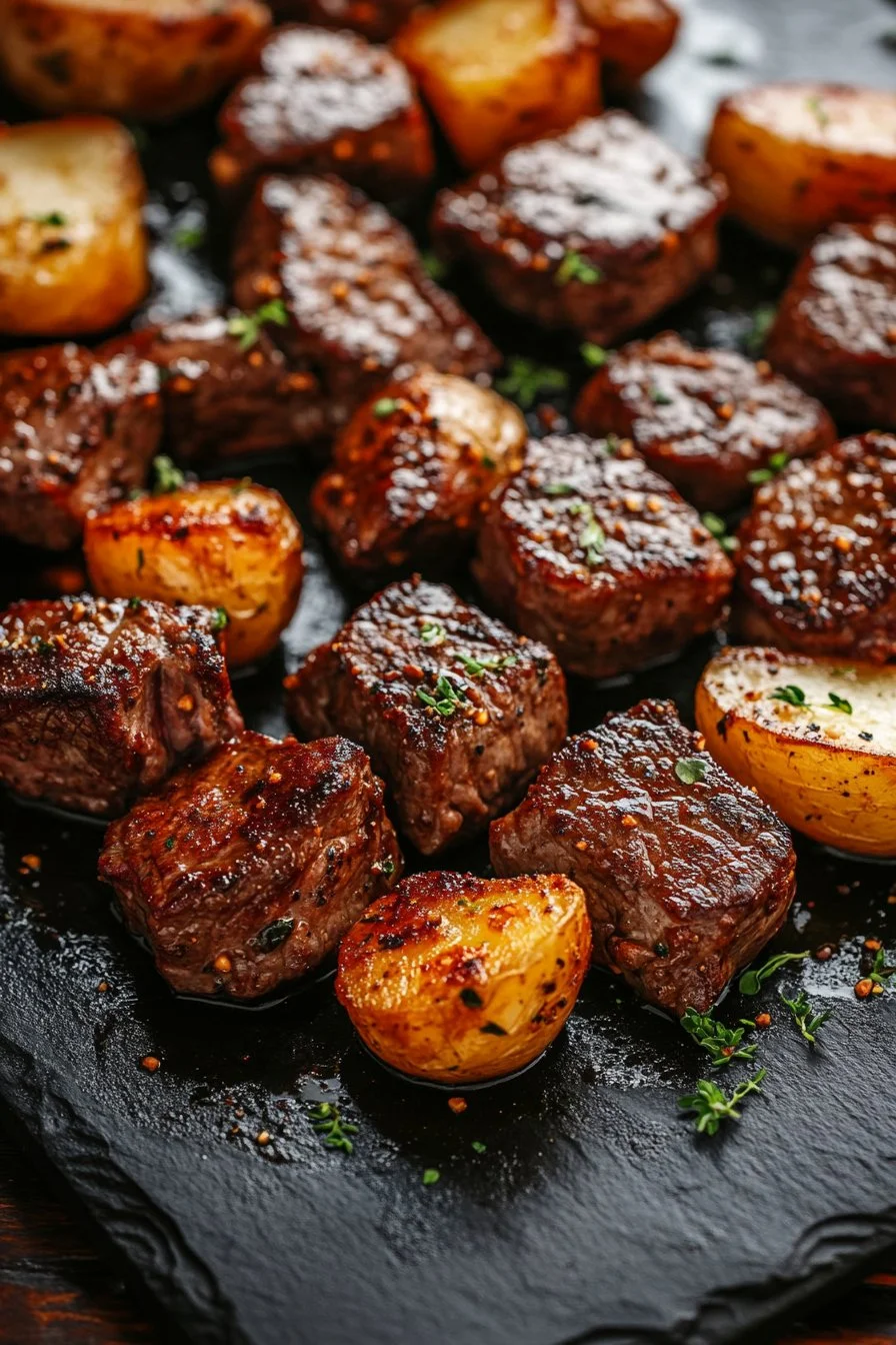 Blackstone Garlic Steak Bites and Potatoes