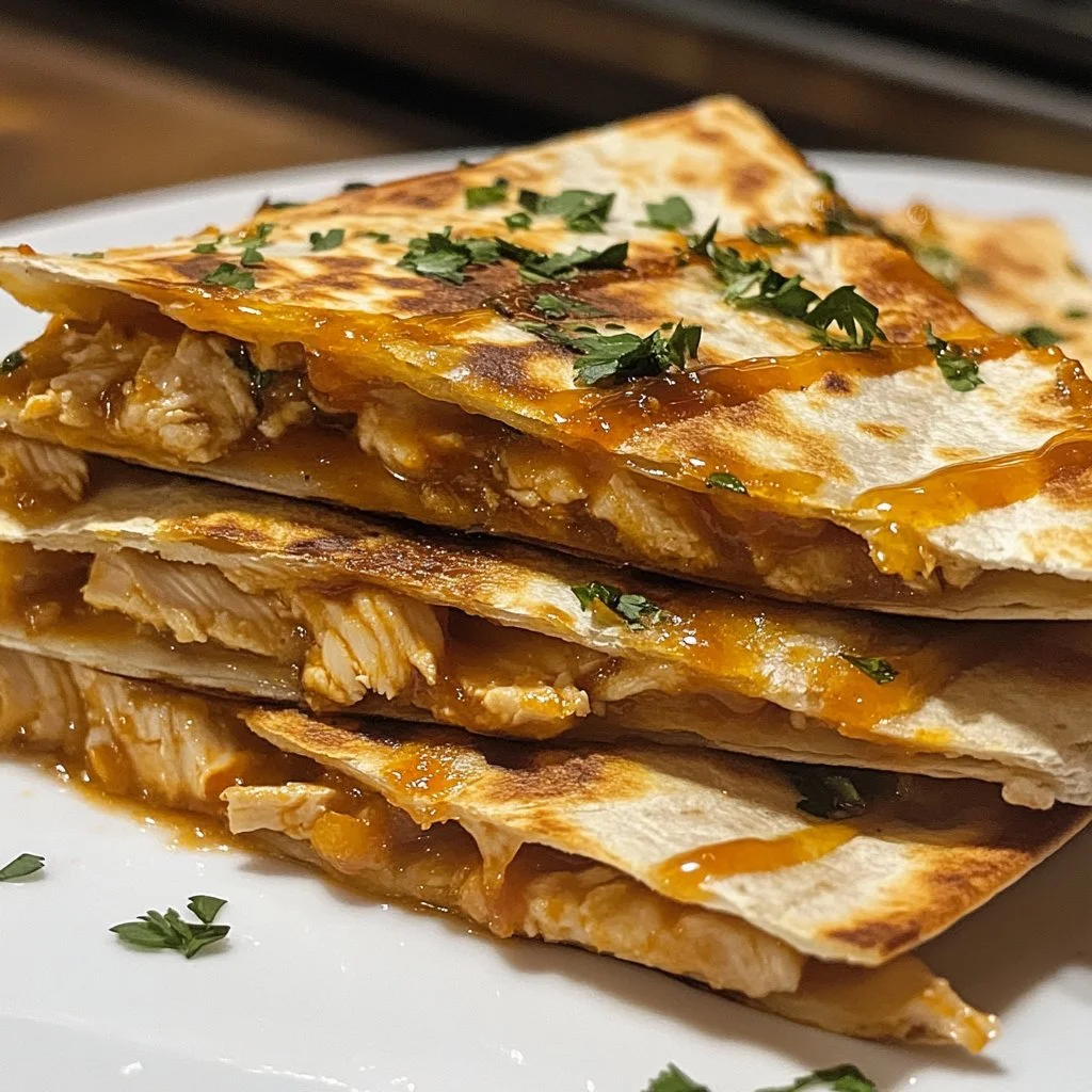 Blackstone Hot Honey BBQ Chicken Quesadillas served with dipping sauce