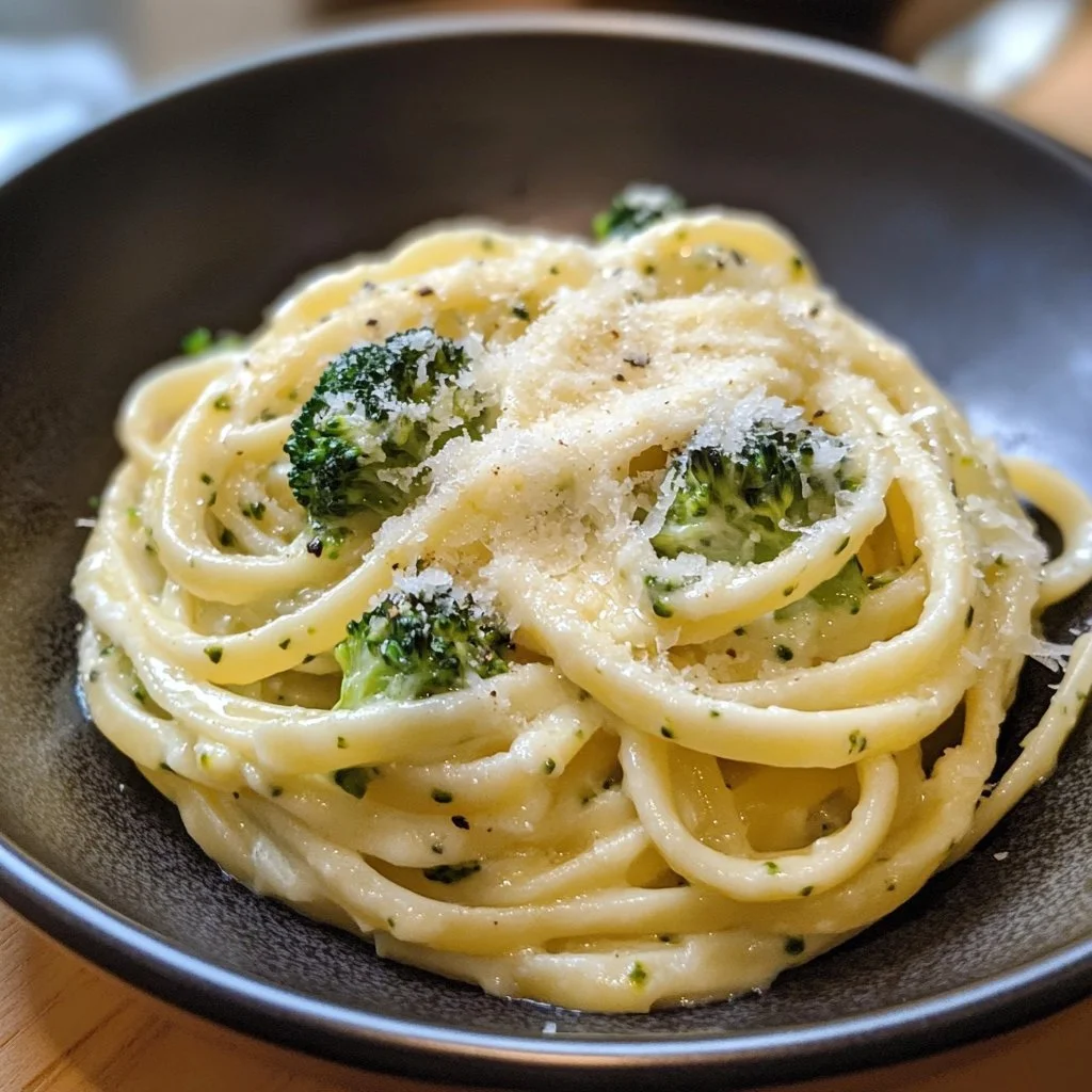 Boursin cheese pasta with broccoli served in a white bowl