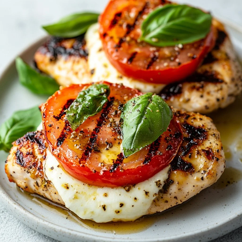 Delicious Caprese Chicken garnished with mozzarella, tomatoes, and fresh basil.