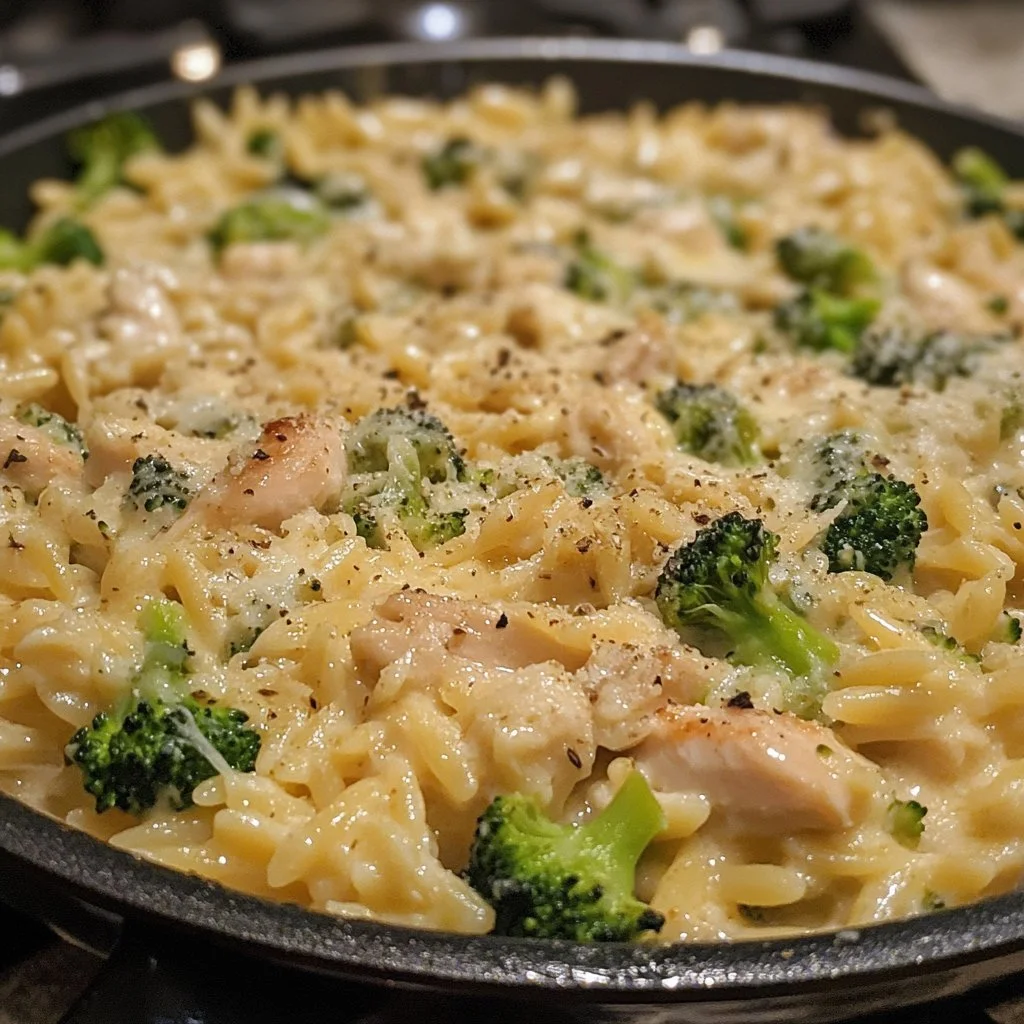 Delicious plate of Cheesy Chicken Broccoli Orzo served with fresh herbs