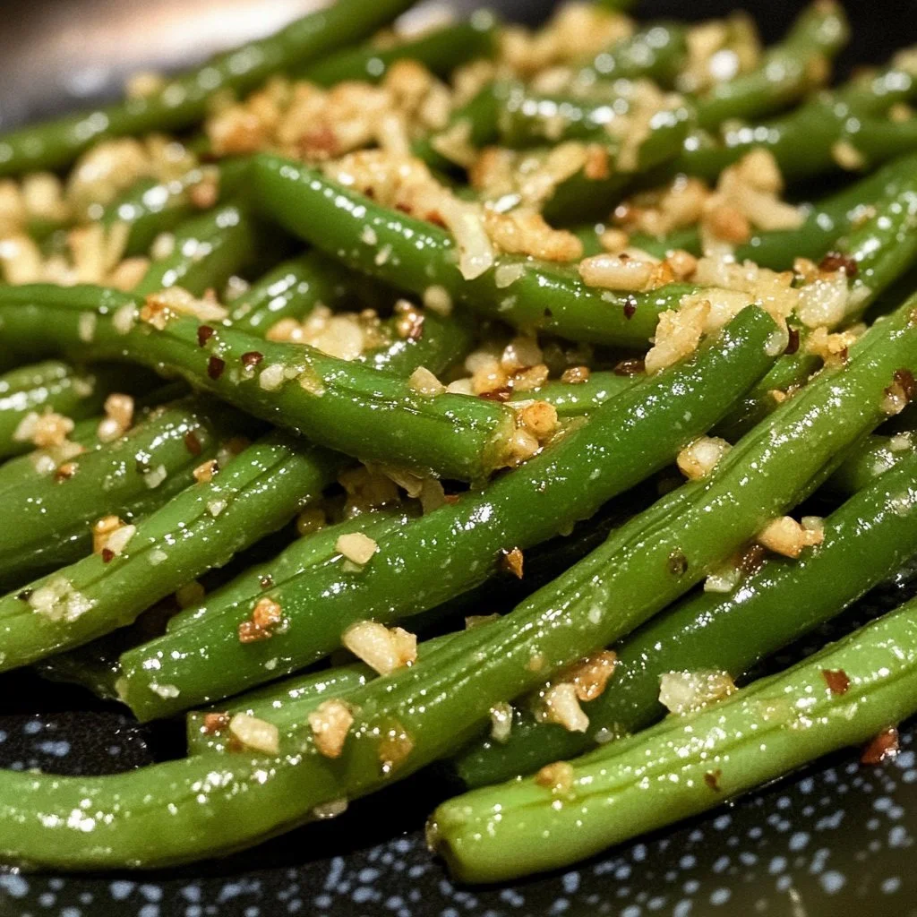 Cheesy garlic green beans garnished and served on a plate
