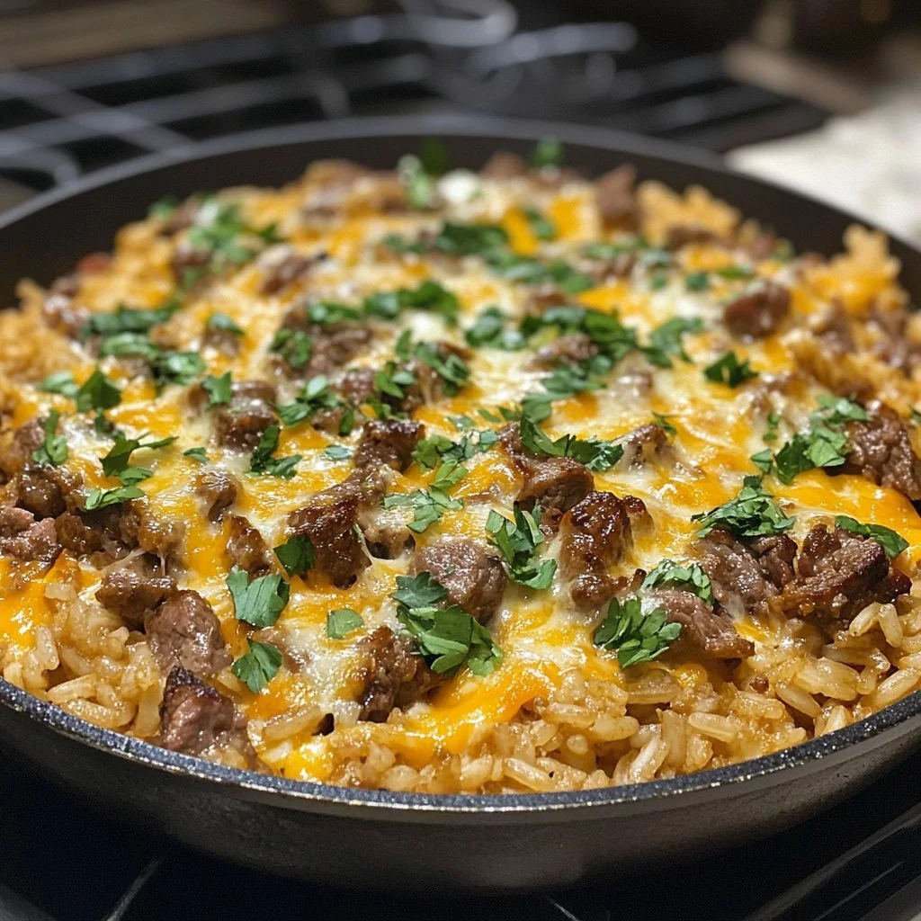 Cheesy Steak and Rice Skillet served in a pan with melted cheese