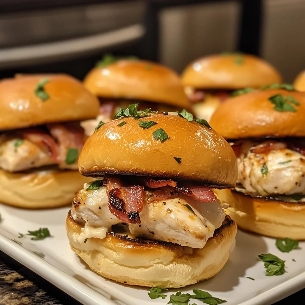 Plate of delicious Chicken Bacon Ranch Sliders with toppings
