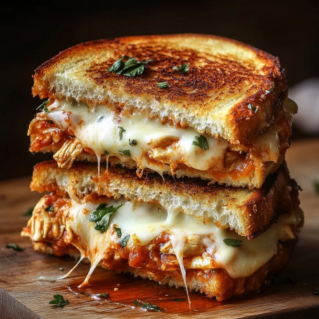 Melted Chicken Parmesan Grilled Cheese sandwich with crispy edges and gooey cheese