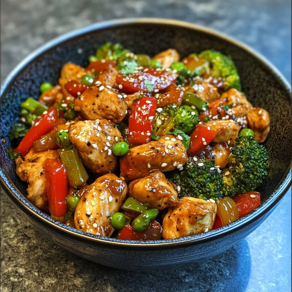 Delicious chicken stir-fry with colorful vegetables and flavorful sauce.