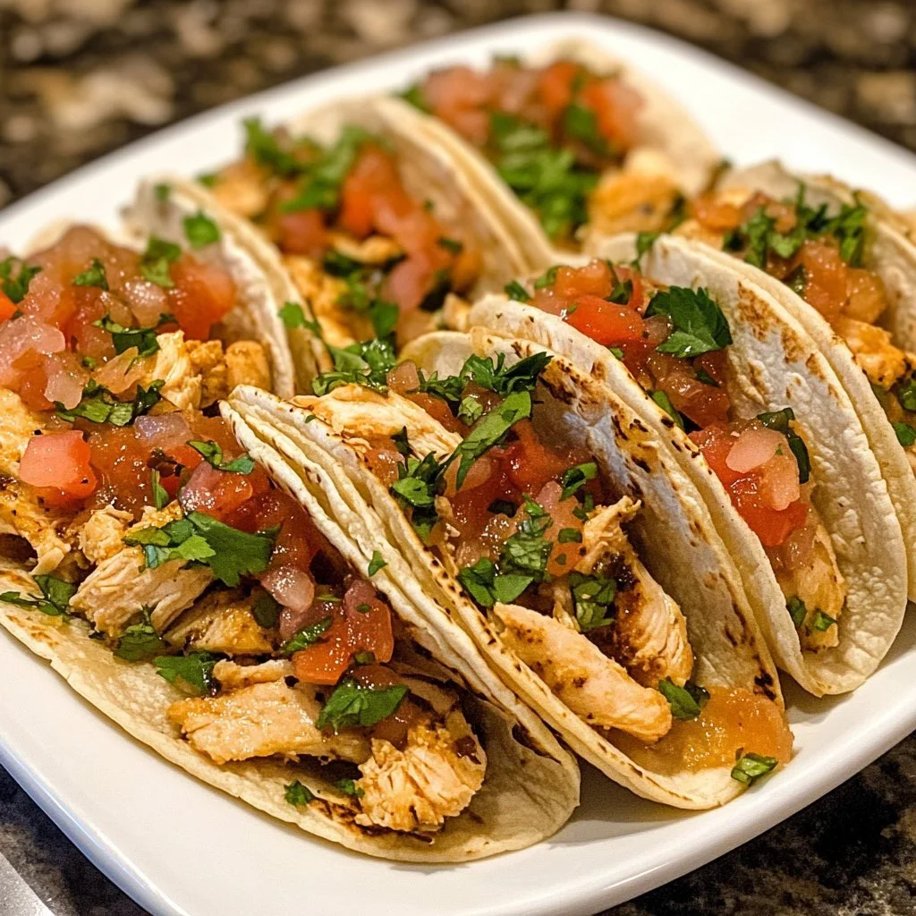 Delicious Chicken Street Tacos served with fresh toppings and lime wedges.