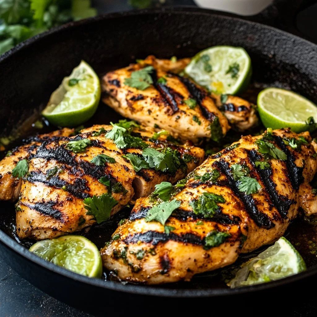 Delicious cilantro lime chicken garnished with fresh cilantro and lime wedges