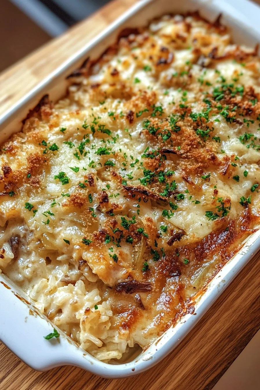 Comforting French Onion Chicken Rice Bake