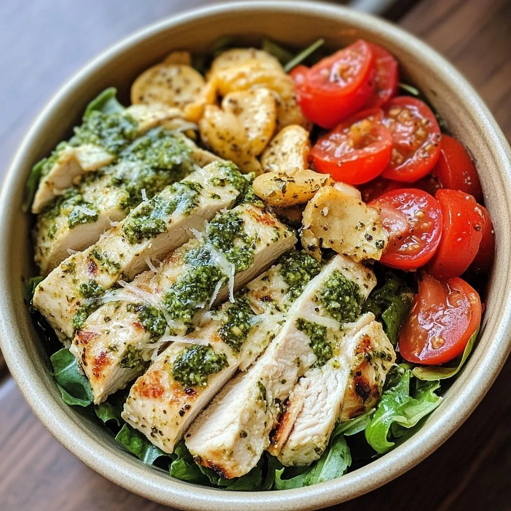 Copycat Sweetgreen Chicken Pesto Parm Bowl with fresh ingredients