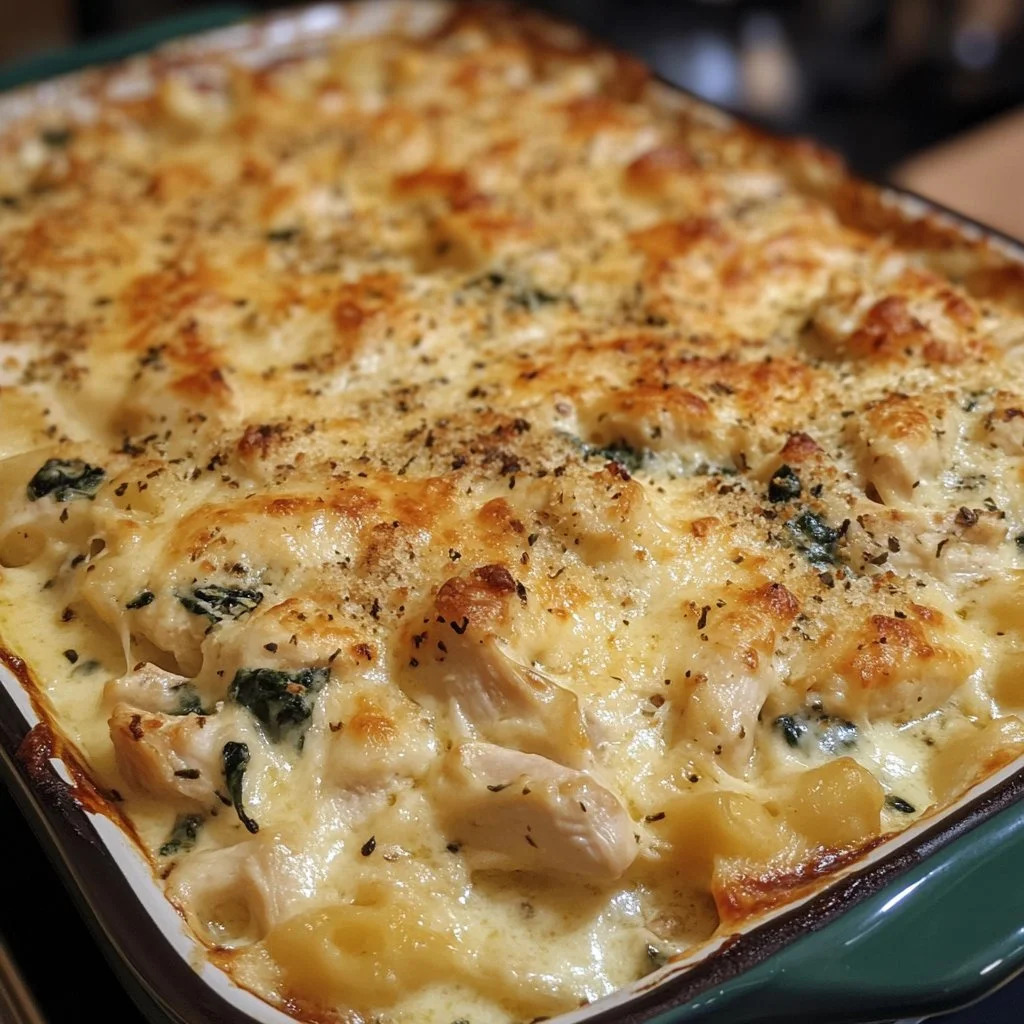 Creamy chicken and spinach casserole dish ready to serve