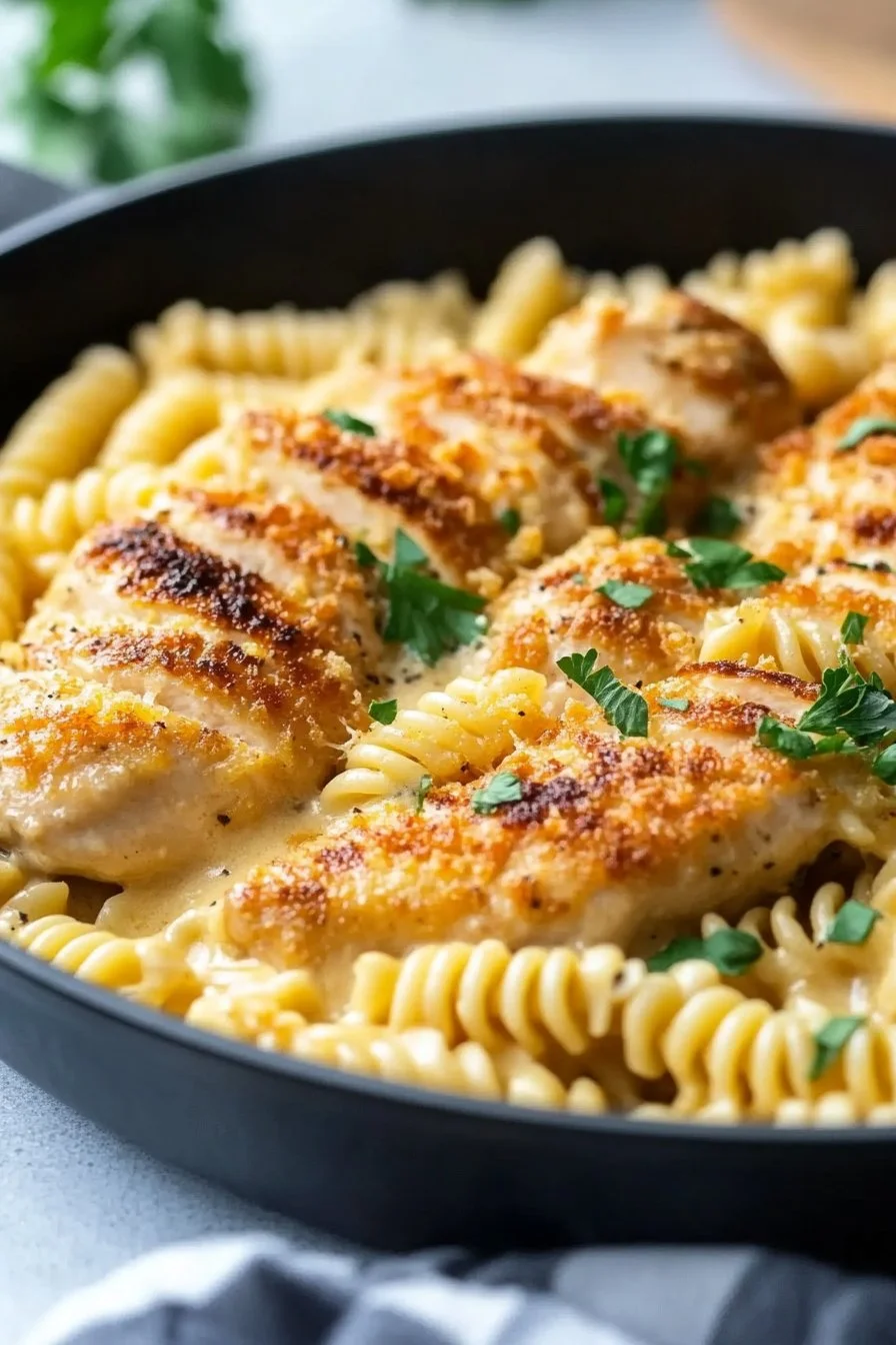 Creamy Garlic Parmesan Chicken with Cheesy Twisted Pasta
