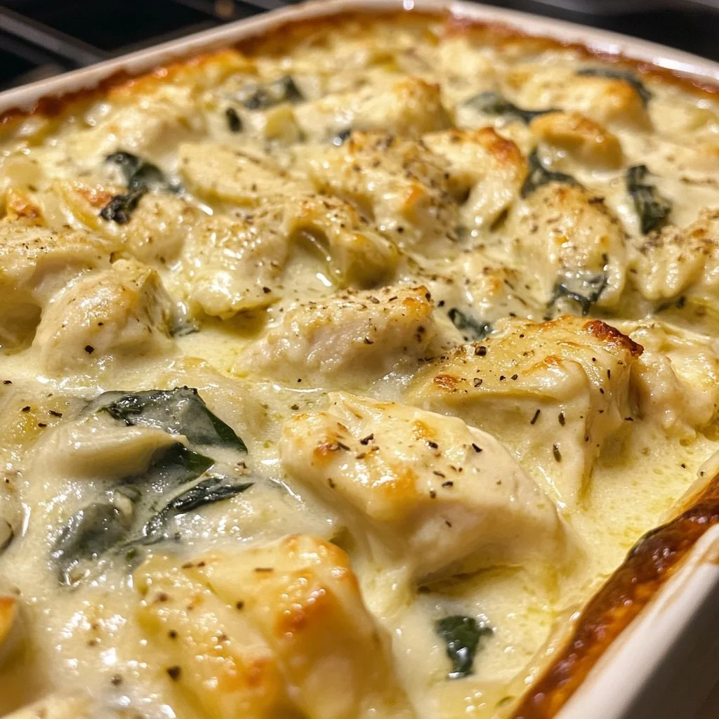Creamy Greek yogurt chicken bake with spinach and artichokes in a casserole dish.