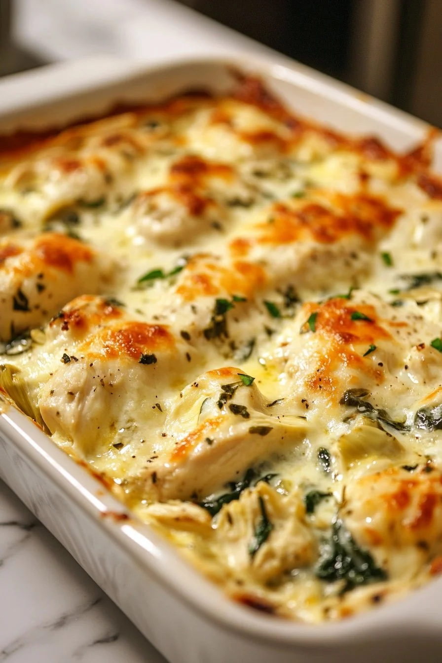 Creamy Greek Yogurt Chicken Spinach Artichoke Bake