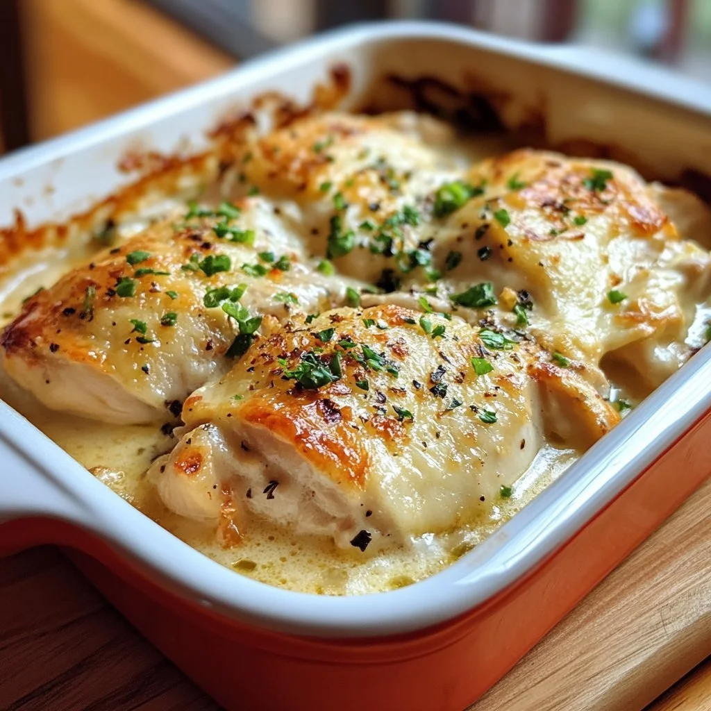 Creamy low-carb chicken casserole dish topped with fresh herbs